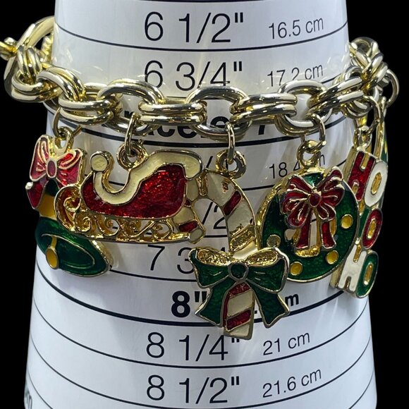 Vintage Holiday Charm Bracelet Gold Christmas Enamel Coquette Whimsical Gift - Picture 7 of 7
